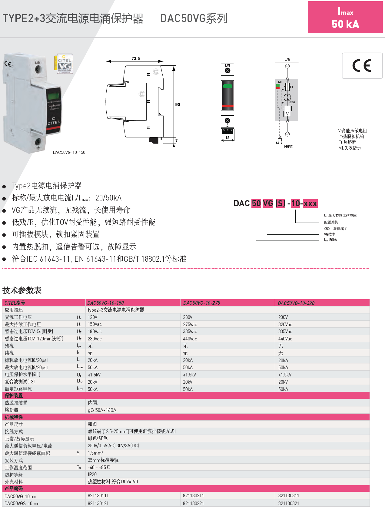 DAC50VGS-31-320 CITEL西岱尔电源电涌保护器：工