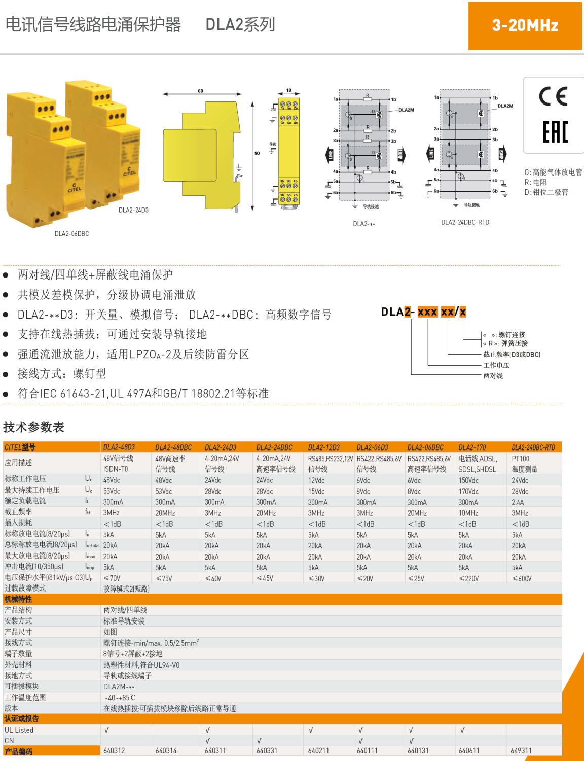 DLA2-24D2 CITEL西岱尔信号电涌保护器：工业与通