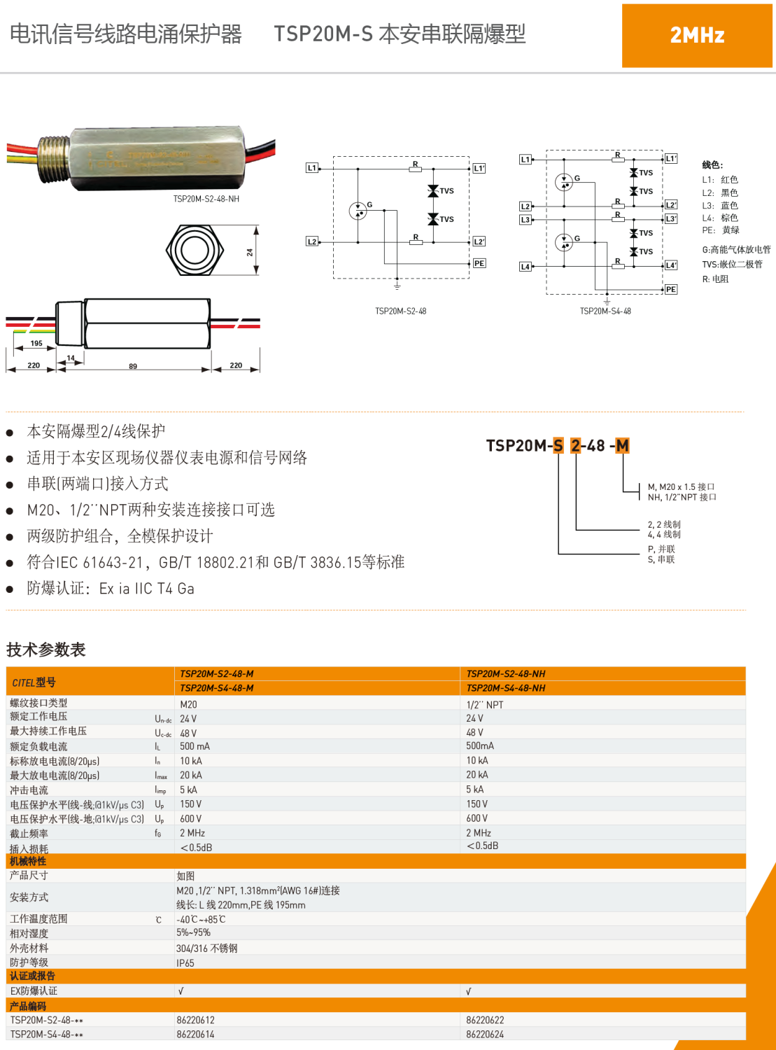 TSP20M-S2-48-NH CITEL西岱尔信号电涌保护器：工