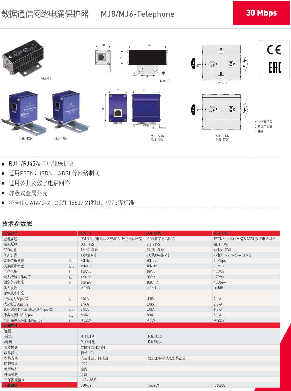 MJ8-ISDN CITEL西岱尔数字电话网络电涌保护器：高