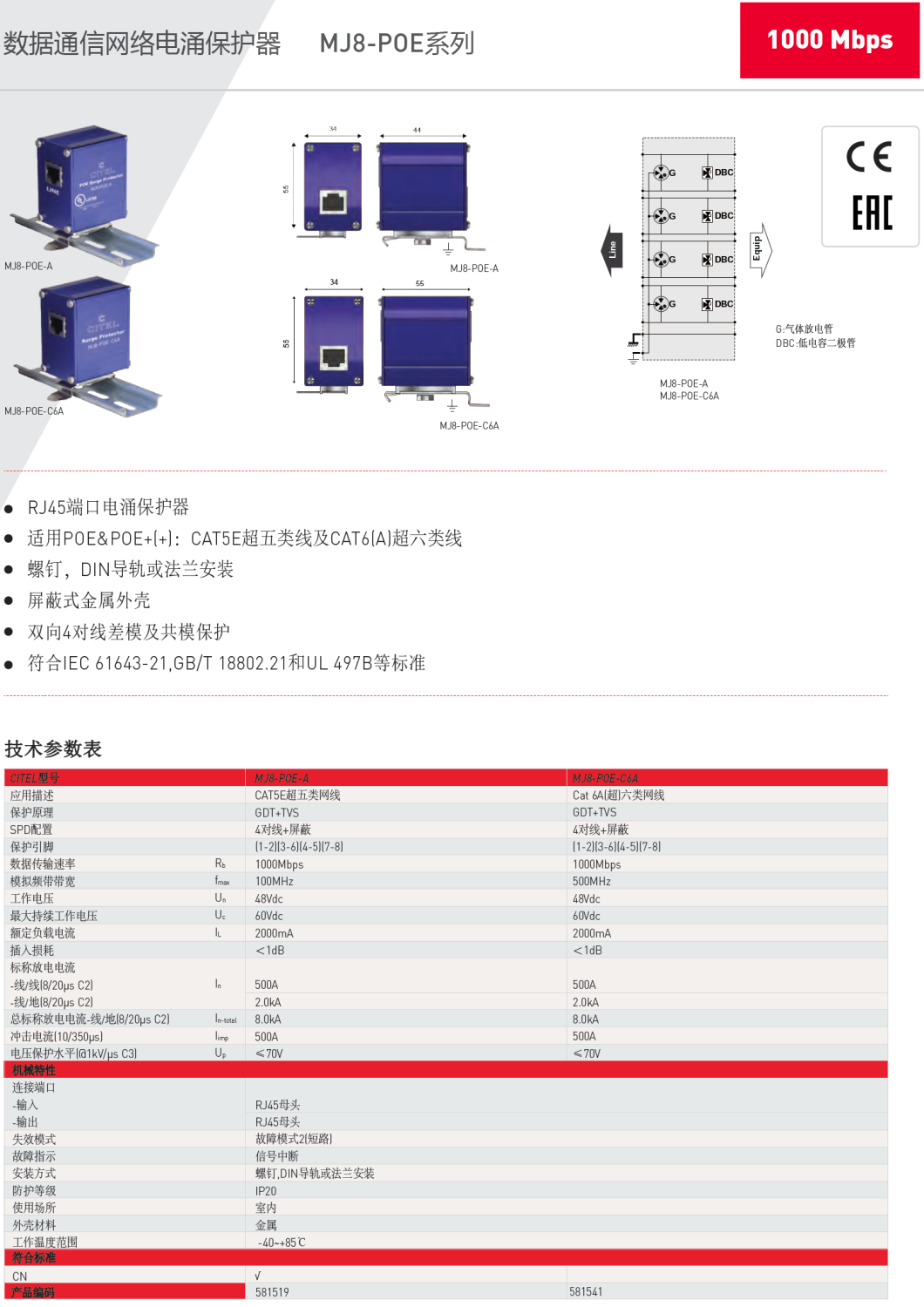 MJ8-POE-C6A CITEL西岱尔网络电涌保护器：守护POE网络设备的安全之选