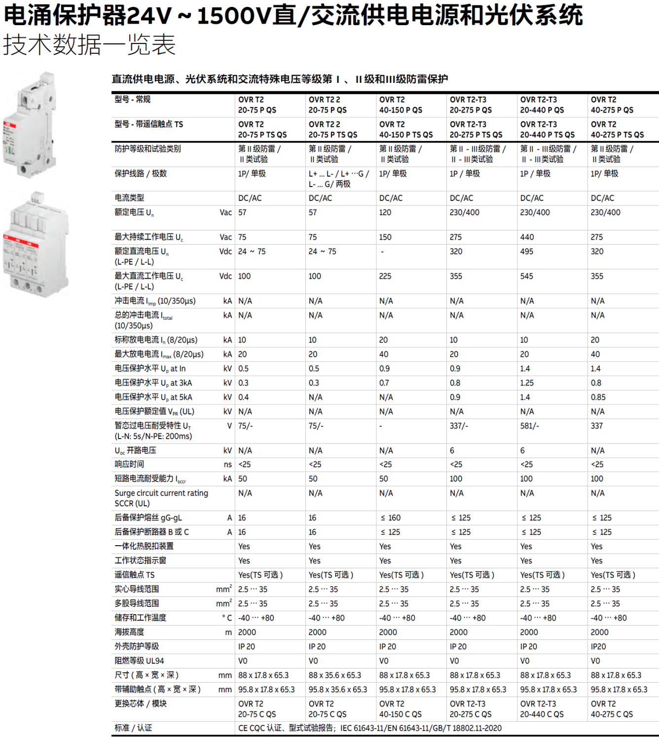OVR PV T2 40-1500 P TS ABB电涌保护器：光伏系统的安全卫士